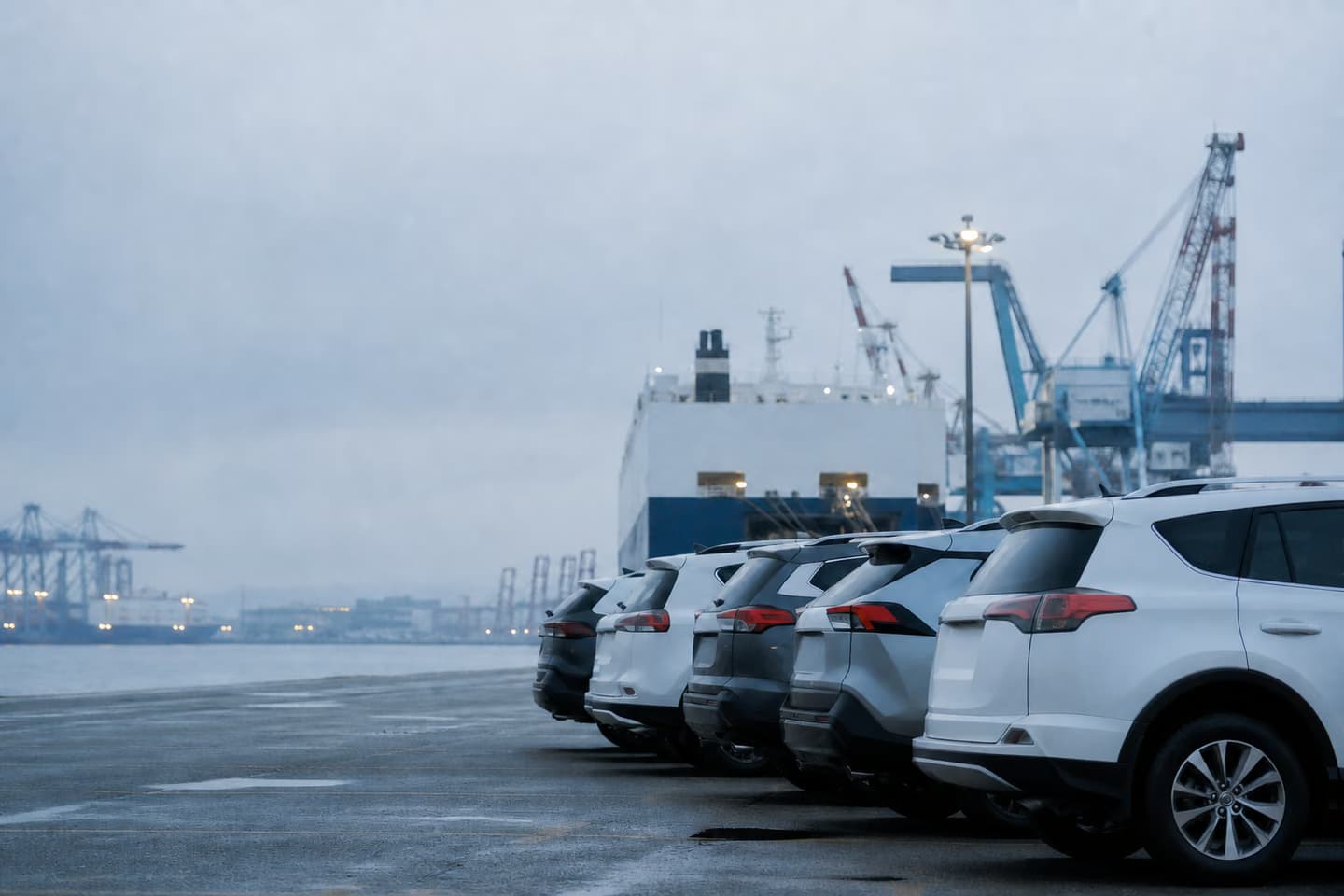 Vehicles prepared for cross-border transport at a port